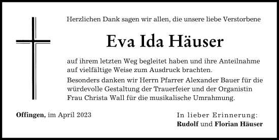 Traueranzeige von Eva Ida Häuser von Günzburger Zeitung