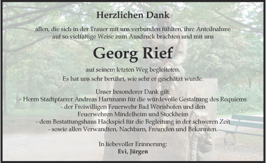 Traueranzeige von Georg Rief von Mindelheimer Zeitung
