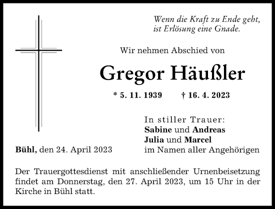 Traueranzeige von Gregor Häußler von Günzburger Zeitung