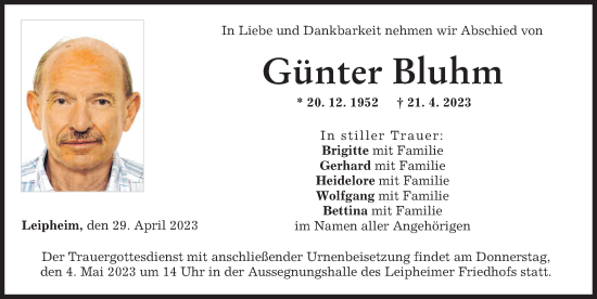 Traueranzeige von Günter Bluhm von Günzburger Zeitung
