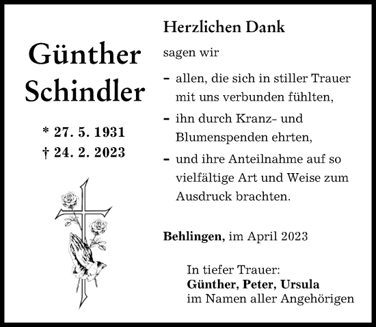 Traueranzeige von Günther Schindler von Mittelschwäbische Nachrichten