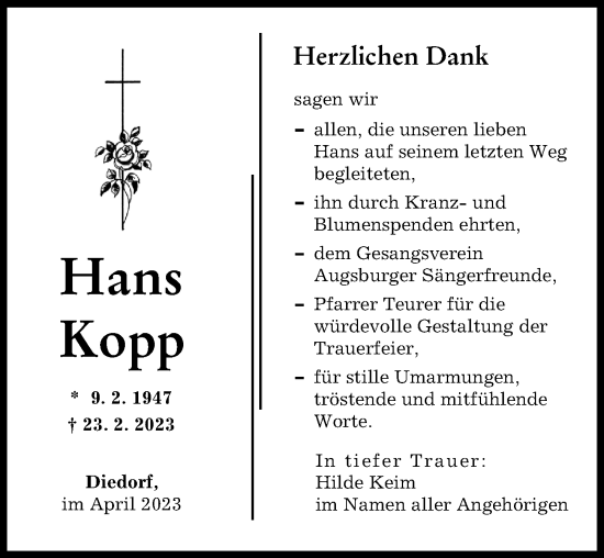 Traueranzeige von Hans Kopp von Augsburger Allgemeine