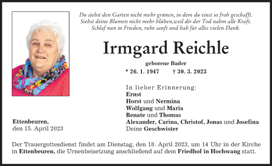 Traueranzeige von Irmgard Reichle von Günzburger Zeitung
