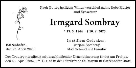Traueranzeige von Irmgard Sombray von Augsburger Allgemeine
