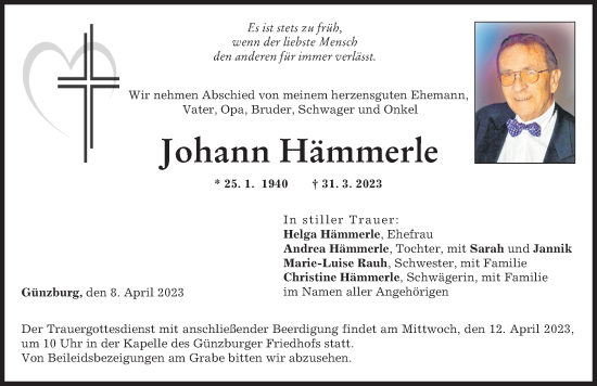 Traueranzeige von Johann Hämmerle von Günzburger Zeitung