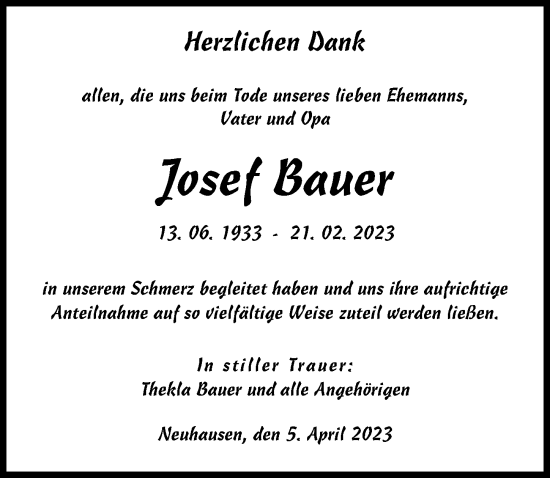 Traueranzeige von Josef Bauer von Donauwörther Zeitung