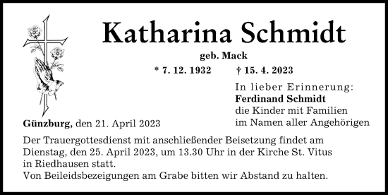 Traueranzeige von Katharina Schmidt von Günzburger Zeitung