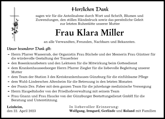 Traueranzeige von Klara Miller von Günzburger Zeitung