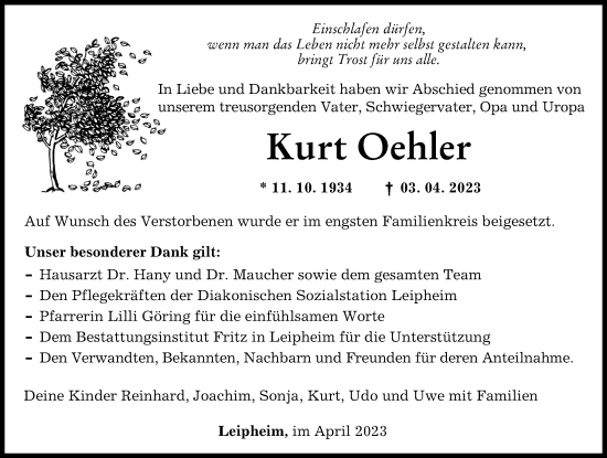 Traueranzeige von Kurt Oehler von Günzburger Zeitung