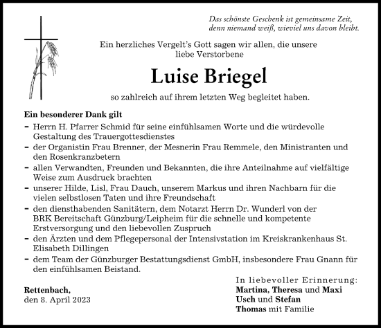 Traueranzeige von Luise Briegel von Günzburger Zeitung