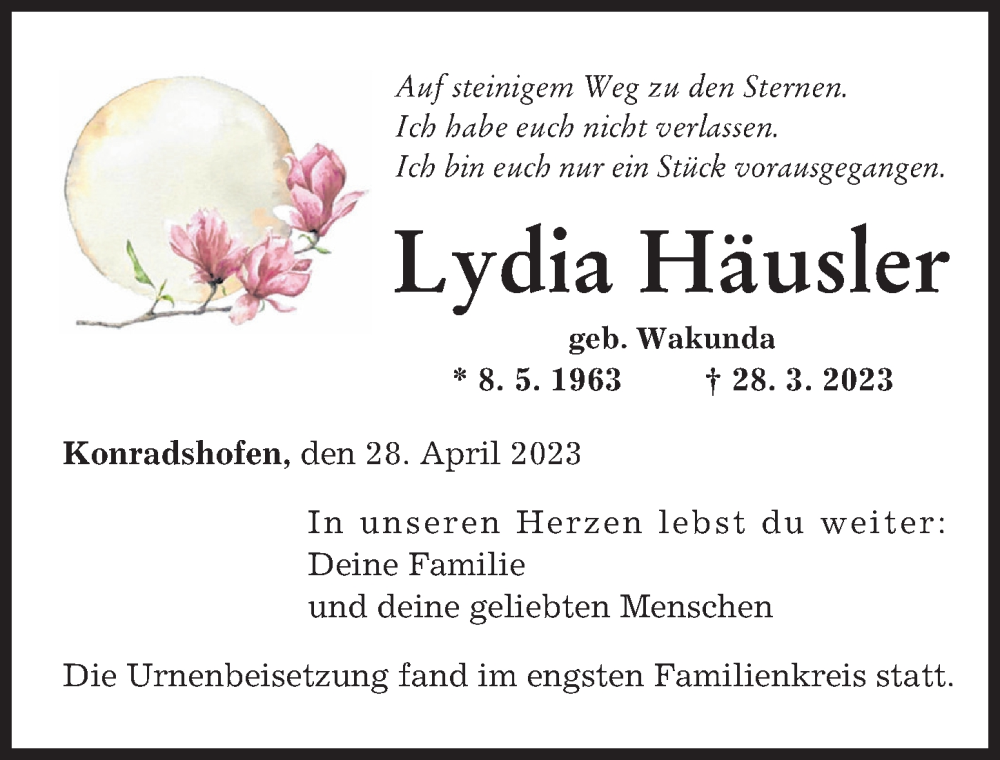  Traueranzeige für Lydia Häusler vom 28.04.2023 aus Schwabmünchner Allgemeine