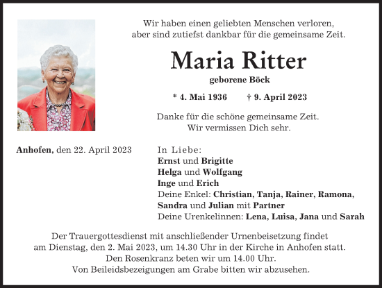 Traueranzeige von Maria Ritter von Günzburger Zeitung