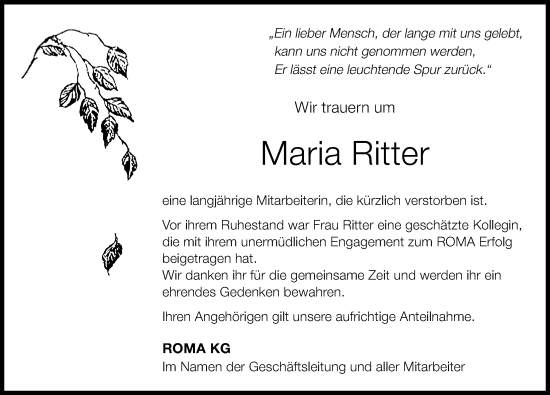 Traueranzeige von Maria Ritter von Günzburger Zeitung