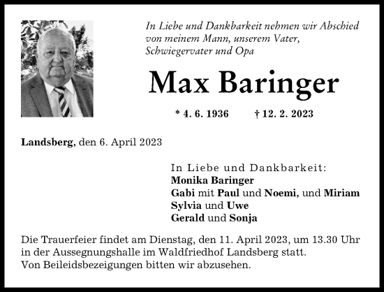 Traueranzeige von Max Baringer von Landsberger Tagblatt
