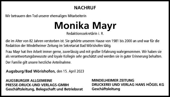 Traueranzeige von Monika Mayr von Mindelheimer Zeitung