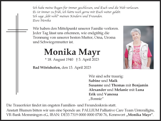 Traueranzeige von Monika Mayr von Mindelheimer Zeitung
