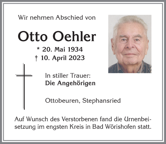Traueranzeige von Otto Oehler von Mindelheimer Zeitung