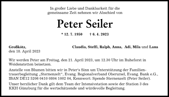 Traueranzeige von Peter Seiler von Günzburger Zeitung