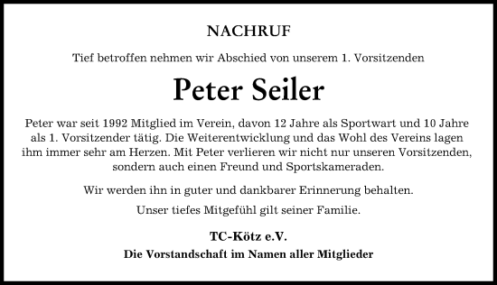 Traueranzeige von Peter Seiler von Günzburger Zeitung