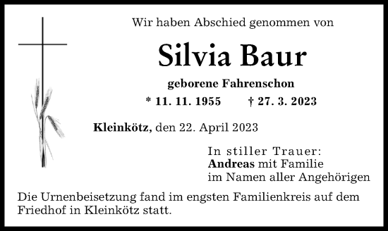 Traueranzeige von Silvia Baur von Günzburger Zeitung