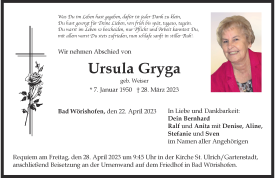 Traueranzeige von Ursula Gryga von Mindelheimer Zeitung