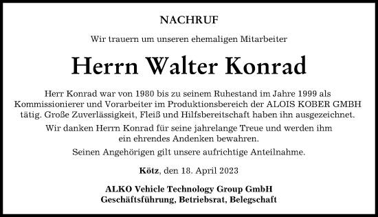 Traueranzeige von Walter Konrad von Günzburger Zeitung