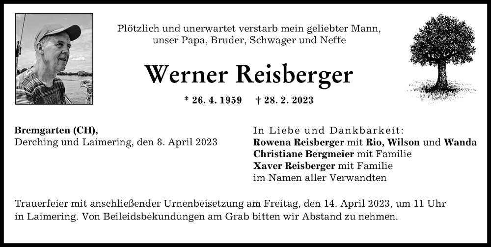  Traueranzeige für Werner Reisberger vom 08.04.2023 aus Friedberger Allgemeine