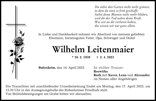 Traueranzeige von Wilhelm Leitenmaier von Günzburger Zeitung