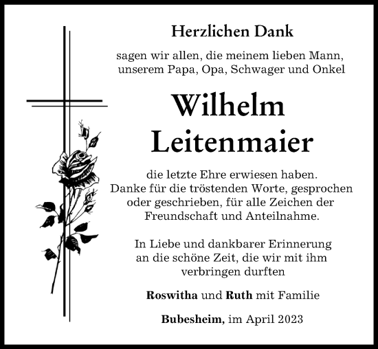 Traueranzeige von Wilhelm Leitenmaier von Günzburger Zeitung