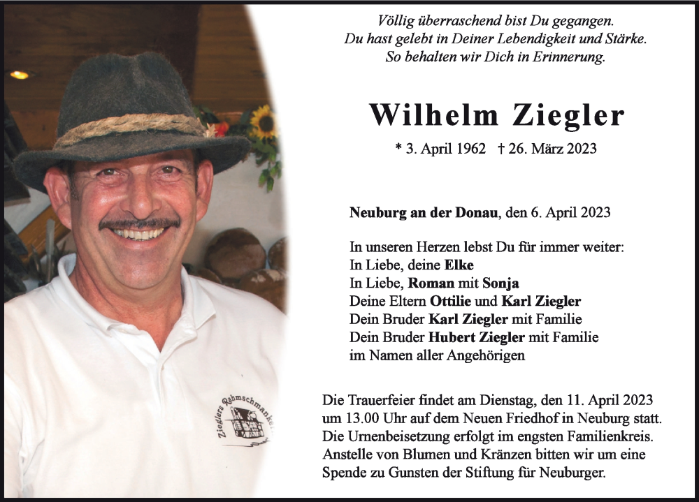  Traueranzeige für Wilhelm Ziegler vom 06.04.2023 aus Neuburger Rundschau