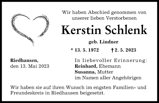 Traueranzeige von 2Kerstin Schlenk von Günzburger Zeitung