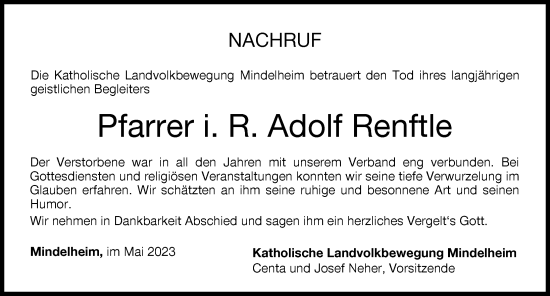 Traueranzeige von Adolf Renftle von Mindelheimer Zeitung