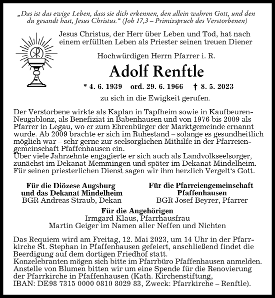 Traueranzeige von Adolf Renftle von Augsburger Allgemeine