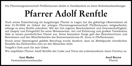 Traueranzeige von Adolf Renftle von Mindelheimer Zeitung