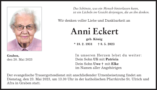 Traueranzeige von Anni Eckert von Schwabmünchner Allgemeine