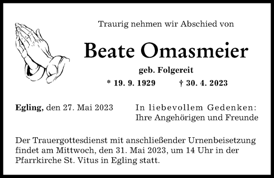Traueranzeige von Beate Omasmeier von Landsberger Tagblatt