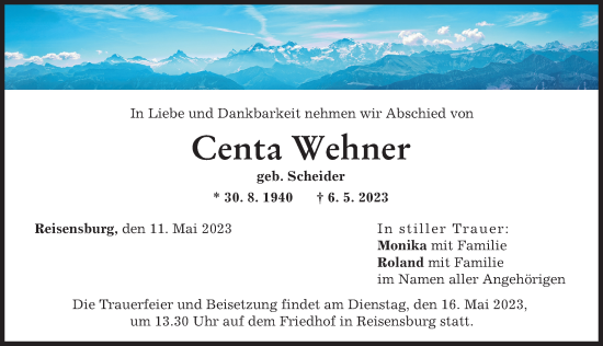 Traueranzeige von Centa Wehner von Günzburger Zeitung