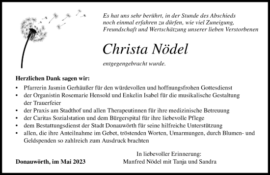 Traueranzeige von Christa Nödel von Donauwörther Zeitung
