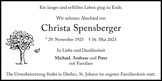 Traueranzeige von Christa Spensberger von Ammersee Kurier