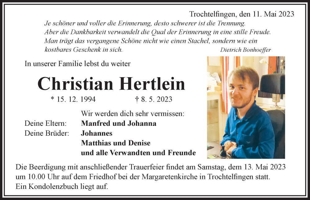 Traueranzeige für Christian Hertlein vom 11.05.2023 aus Rieser Nachrichten