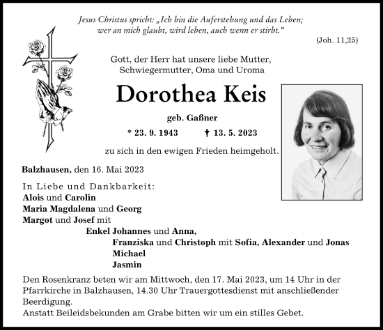 Traueranzeige von Dorothea Keis von Mittelschwäbische Nachrichten