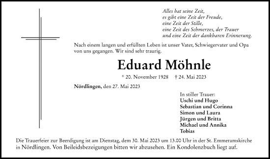 Traueranzeige von Eduard Möhnle von Rieser Nachrichten