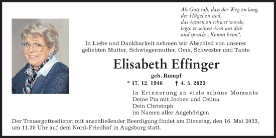 Traueranzeige von Elisabeth Effinger von Augsburger Allgemeine