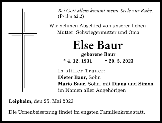Traueranzeige von Else Baur von Günzburger Zeitung