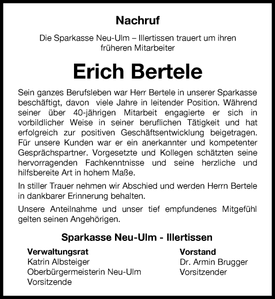 Traueranzeige von Erich Bertele von Neu-Ulmer Zeitung