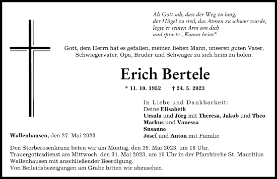 Traueranzeige von Erich Bertele von Neu-Ulmer Zeitung