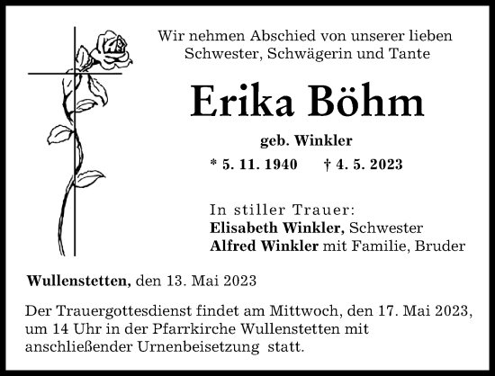 Traueranzeige von Erika Böhm von Neu-Ulmer Zeitung