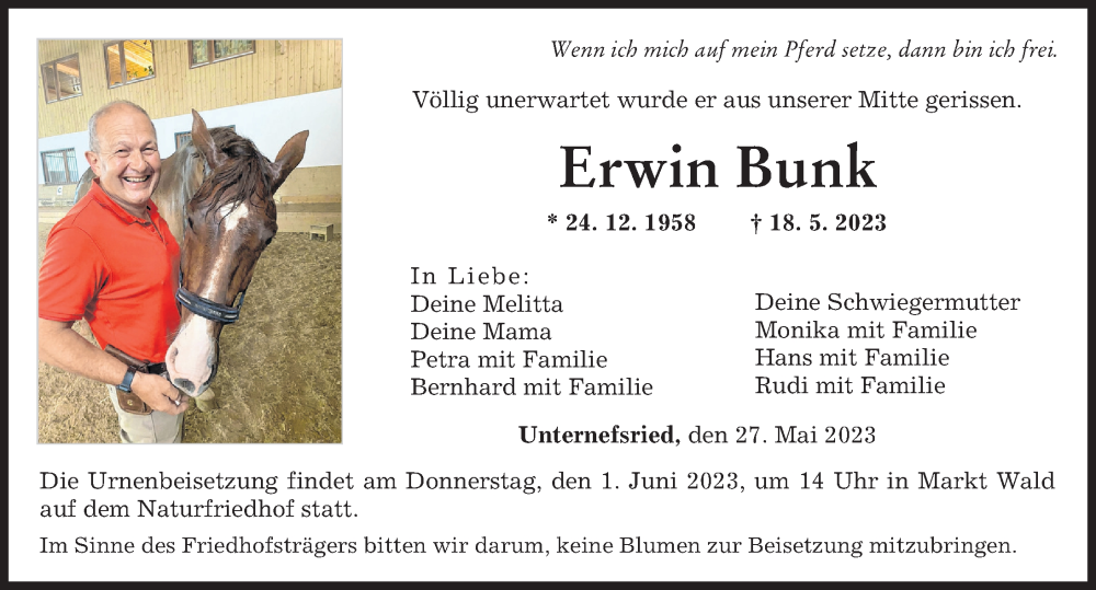  Traueranzeige für Erwin Bunk vom 27.05.2023 aus Augsburger Allgemeine