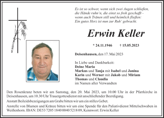 Traueranzeige von Erwin Keller von Mittelschwäbische Nachrichten