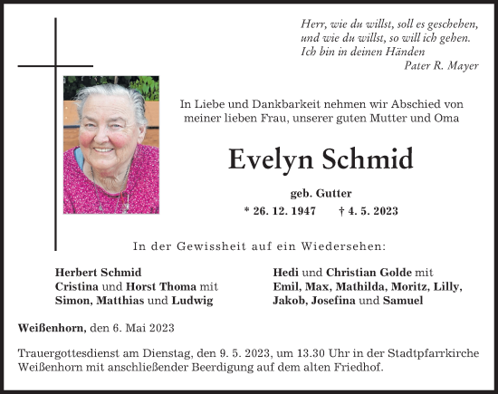 Traueranzeige von Evelyn Schmid von Neu-Ulmer Zeitung